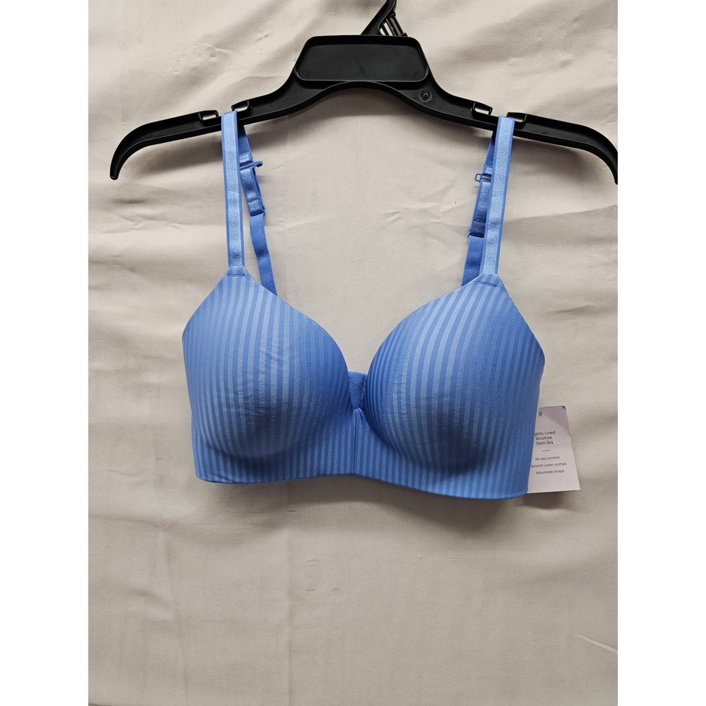 Auden Womens Lightly Lined Wirefree Demi Bra Blue Nylon Blend Casual Size 32D